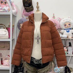 Rust Brown Puffer Jacket Cropped Zip Up Coat